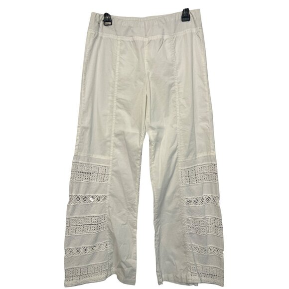 Womens White Crochet Trim Wide-Leg Pants Mindset XCVI Sz M Cotton 4% Spandex - Picture 1 of 9